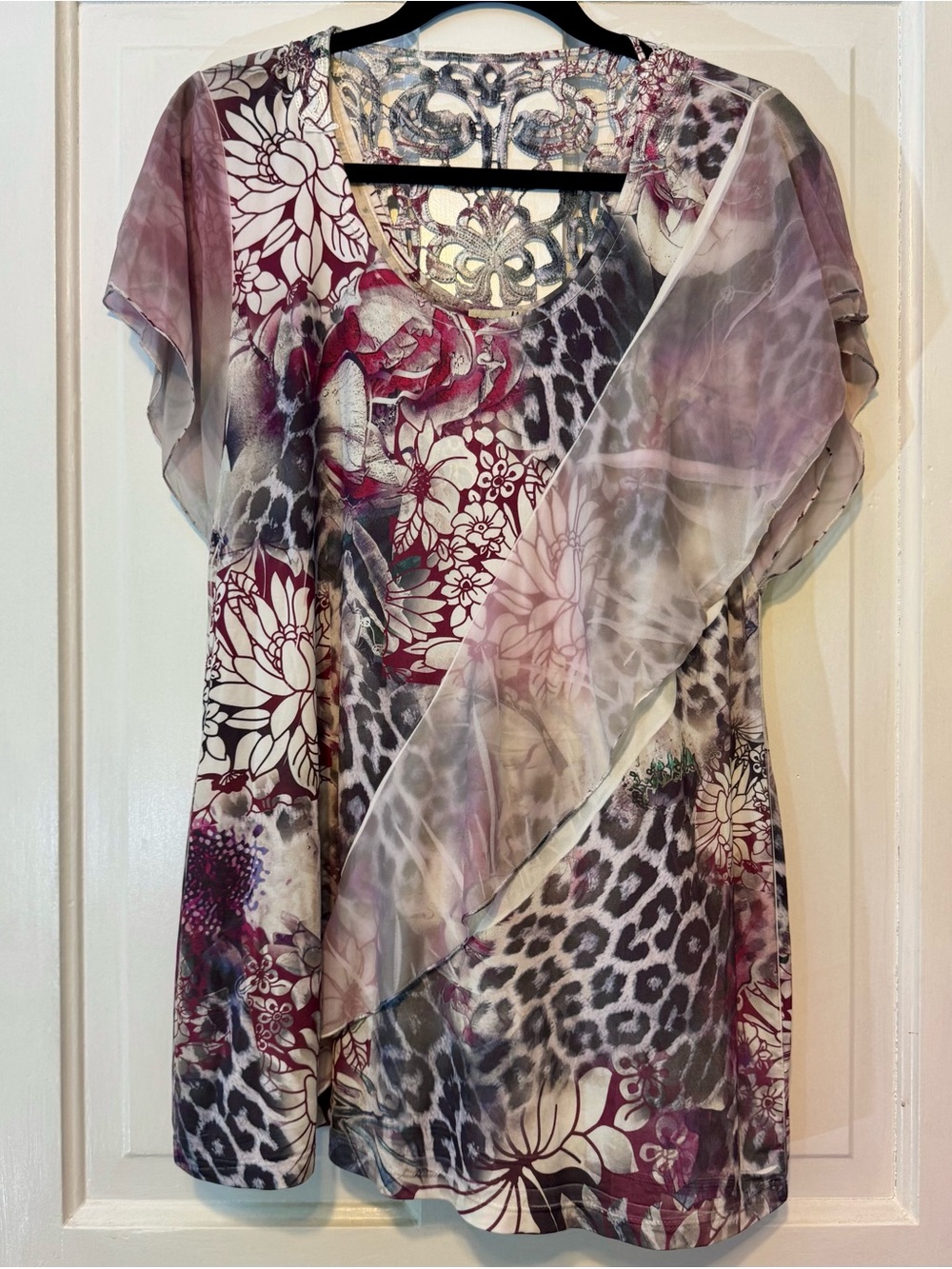 ONE WORLD Floral & Animal Print Flutter Sleeve Blouse in Burgundy, Gray, White